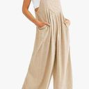 Casual Loose Wide Leg Flowy Pleated Tank Cotton Overalls Pockets XL Tan Photo 0