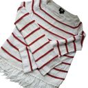 W By Worth  Womens Sweater Size S Stripe Fringe Open Knit White Red Long Sleeve Photo 2