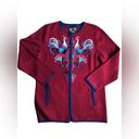 Bob Mackie  Wearable Art Full Zip Cardigan Burgundy Navy Embroidered ROOSTERS Photo 0