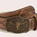 Western Bull Head Buckle Unisex Belt Vintage Style Embossed 37” Faux Leather Tan Photo 8