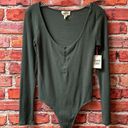 Open Edit Olive Green  Button Up Scoop Neck Long Sleeve Bodysuit Photo 1