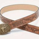 Western Style Bull Head Buckle Unisex Belt Vintage Embossed Brown Photo 9