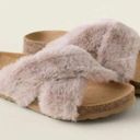 Garnet Hill  | Mira Fuzzy Slides Mauve Faux Fur Criss Cross Sandal Slippers | 8 Photo 0