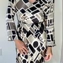 POLECI🍒SZ 4🍒100% SILK BLACK AND WHITE PRINTED WRAP DRESS TASSELED WAIST TIE Photo 10