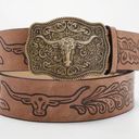 Western Style Bull Head Buckle Unisex Belt Vintage Embossed Brown Photo 12