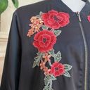 cupio  Floral Embroidered Bomber Jacket Satin Black Womens Size L Full Zip Retro Photo 2