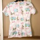 Edge Scooby Doo Floral Love Peace Ruffle Lettuce  Scrub Top White Pink XS Photo 1