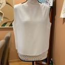 Vintage 80s 90s White Silk? High Neck Top Beaded Open Weave Hem Women Medium Photo 5