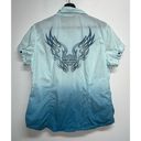 Harley Davidson  Womens Short Sleeve Button Shirt Size L Blue Ombre Eagle Wings Photo 4