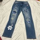 Daisy Blue Skinny Cheetah  Patch Distressed Stitched Jeans Womens Small Floral Photo 0