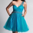 Dave and Johnny  Blue Embellished Short One Shoulder Cocktail Prom Dress Size 3/4 Photo 0