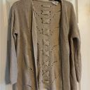 Tan knitted sweater cardigan with cross stitched pattern on back Size L Photo 0