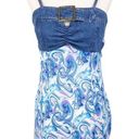 Metro Vintage Y2K  Style Stretch Denim Buckle Tank Blue Purple Printed Scarf Top Photo 0