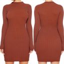 Naked Wardrobe  Long Sleeve Mock Neck Ribbed Bodycon Mini Dress: Rust Brown Photo 2