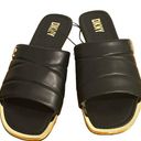 DKNY  Logo Flat Slides Womens Sz 8.5M Black Gold Accents Square Toe Faux Leather Photo 0