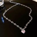 18K White Gold Plated Pink Crystal Love Heart Pendant Choker Necklace for Women Silver Photo 0