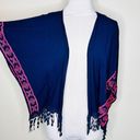 belle du jour  Kimono Cardigan XS Navy Blue Embroidered Dolman Open Front Fringe Photo 1