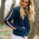 Zyia  Active Navy Blue Rainbow Striped Sleeve Windbreaker Bomber Jacket Photo 0