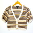 HOUSE OF HARLOW Women’s Revolve Striped Cropped Puff Sleeve Button Cardigan Med. Brown Photo 2