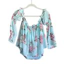 Peach Love California NWT Peach Love Blue Floral Cold Shoulder Cropped Blouse. Size Small. Photo 3