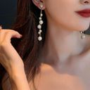 Elegant White Pearl Long Dangle Drop Earrings for Women Gold Photo 4