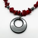 Red Stone Chip Gunmetal Gray Circle Pendant Fashion Necklace 15.5” Photo 1