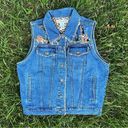 90s / Y2K Denim Vintage Zoo Animal Embroidered Jean Vest Leopard Print Trim Size M Photo 0