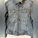 CAbi  Women’s Blue Denim Long Sleeve Ornate Button Up Jean Jacket Medium Photo 7