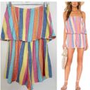 Show Me Your Mumu Linen Blend Thelma Strapless Stripe Romper in Beachy Photo 1