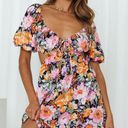 Hello Molly Black and Pink Floral Cutout Puff Sleeve Mini Dress Photo 0