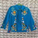 Vintage Blue  Wool Folk Art Boho floral embroidery open jacket Photo 0