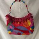 Y2K Geometric Print Tapestry Bag Beaded Top Handle Fringe Kidcore Festival Photo 1