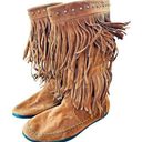 Rampage Funky Fringe Moccasin Boots Womens 11 Faux Suede Cognac Brown Halloween Footwear Photo 0