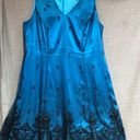 Onyx  night sleeveless teal satin dress with black mesh overlay, and black design Photo 1