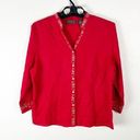 Relativity  100% Linen 3/4 Sleeves Red Button Gold Embroidery Trim Top, Large Photo 0