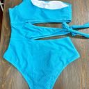 One Piece Blue One Shoulder Cut Out  Swimsuit Photo 3