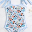 One Piece Vintage Light Blue Floral Print Reversible Tie-Shoulder  Swimsuit Large Photo 8