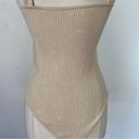 Aura Ribbed Solid Beige V-Neck Fitted Sleeveless Bodysuit Photo 2