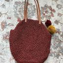 American Eagle  Straw Beach Bag Circular Rust Dark Red Tote with Pom Poms Photo 3