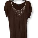 August Silk Womens Blouse Brown Embellished Short Sleeve Scoop Neck Stretch L Photo 0