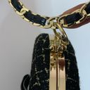 BLACK AND GOLD TWEED HARD CASE PURSE WITH BLACK LEATHER WEAVE BRACELET HANDLE Photo 3
