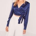 Missguided NWOT  Dark Midnight Blue Satin Cropped Wrap Blouse Top Photo 0