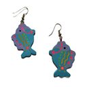 Vintage Neon Fish Dangle Earrings Painted Wood Teal Pink Eclectic 80s Photo 1