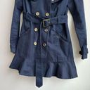 Juicy Couture  Navy Double Breasted Trench Coat Ruffle Hem Size XS Gold Buttons Photo 1