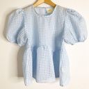 Maeve  Anthropologie Light Blue Checkered Puff Sleeve Sheer Top Small Photo 1