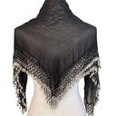 Sheer Black Scarf With Detailed Lattice Trim With Silver Hand Beaded Poms Photo 0