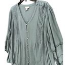 J.Jill  Tunic Top Womens XL Petite Blue Spruce Embroidered Pintuck Button Blouse Photo 2