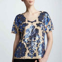 Tracy Reese  Neiman Marcus Sequin Top SMALL Blue Nude Scoop Neck Party Blouse Photo 0