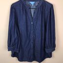 Draper James  Women’s Chambray Dark Blue Split V-Neck Pleated Button-Up Shirt Photo 0