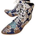 Vintage Satin Floral Embroidered Block Heel Cowboy Ankle Booties Blue Size 7 Photo 2